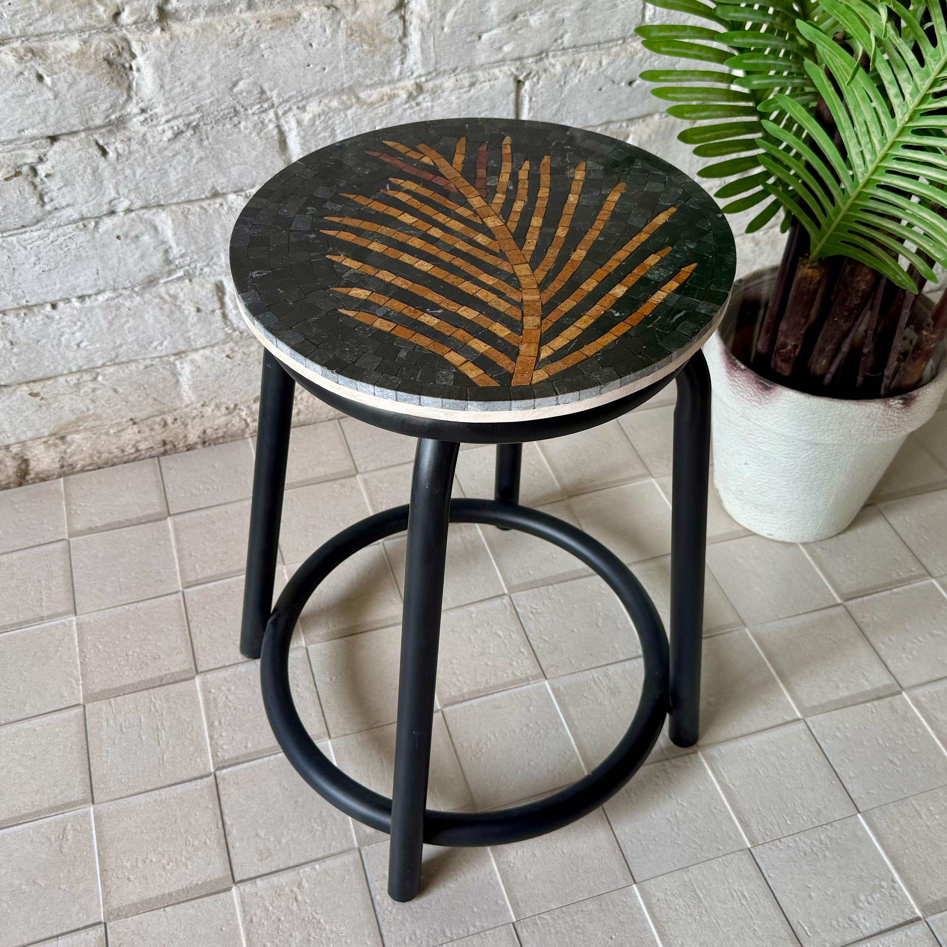 Palm Leaf Mosaic Stool – Antique-Inspired Mosaic for Quirky Home Decor
